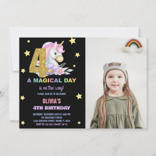 4ème Unicorne Florale Invitations d'anniversaire a