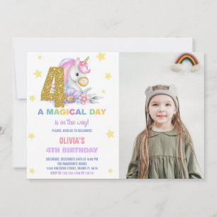 4ème Unicorne Florale Invitations d'anniversaire a