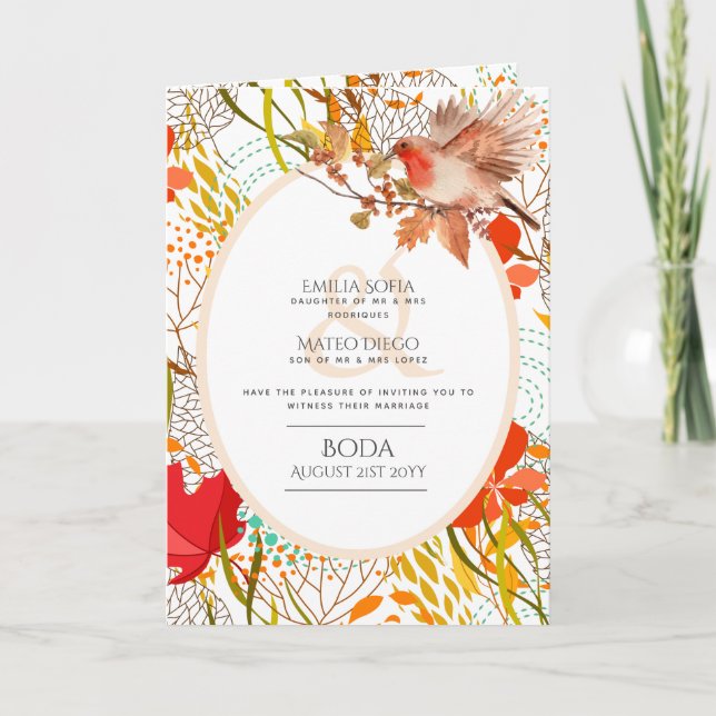 4pg Espagnol BODA Invitation Automne Leaves Robin (Devant)