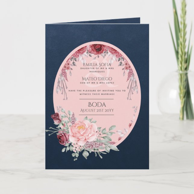 4pg Espagnol BODA Invitation Marine Bleu rose Bour (Devant)