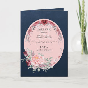 4pg Espagnol BODA Invitation Marine Bleu rose Bour