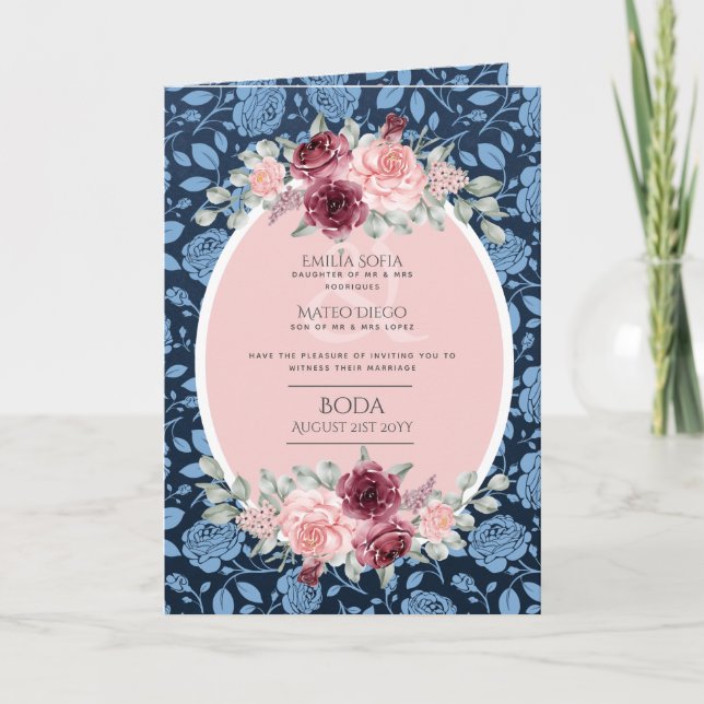 4pg Espagnol BODA Invitation Marine Bleu rose Bour (Devant)