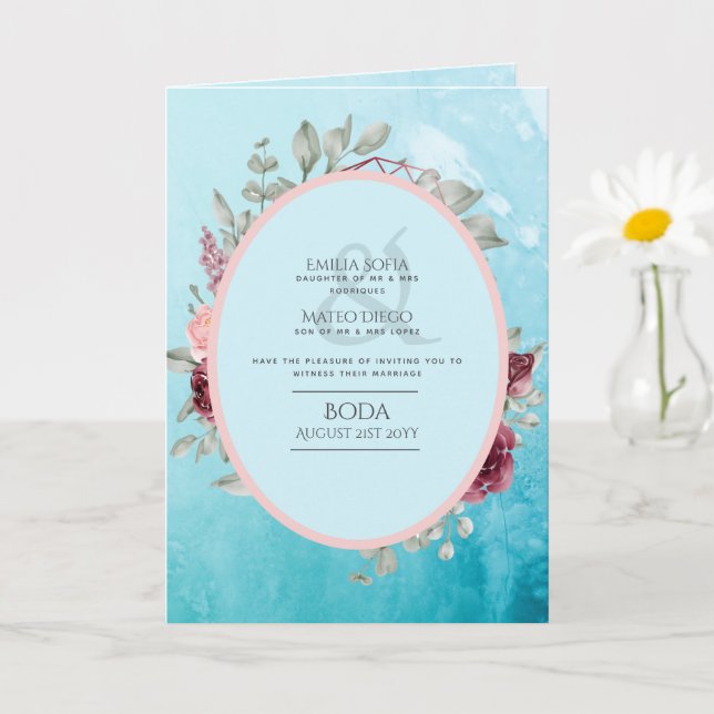 4pg Espagnol BODA Invitation Turquoise Aqua Bleu B (Petite plante)