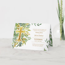 4pg Floral Cross Green Wedenery Wedding Invitation
