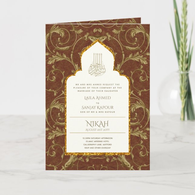 4Pg NIKAH WALIMA Invitation Ornementée en Or Islam (Devant)