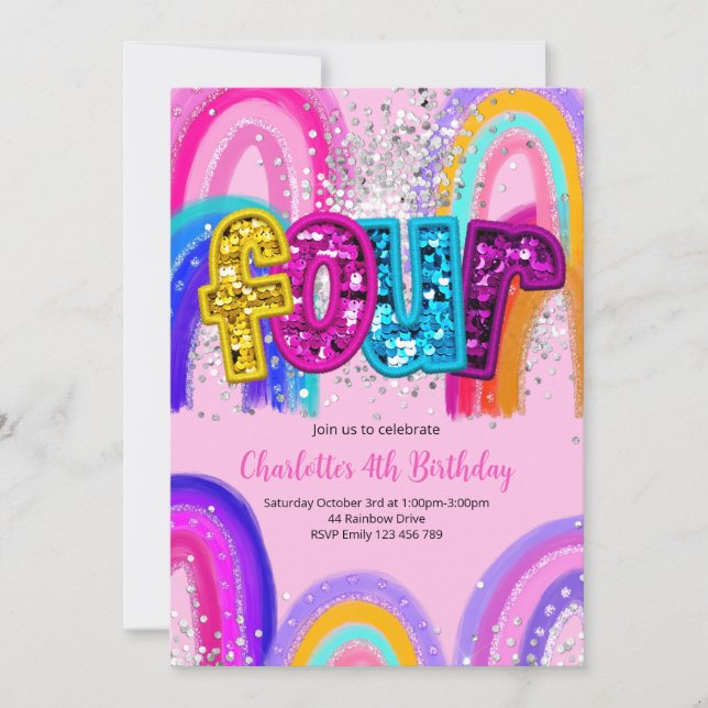 4th Birthday Sequin Rainbow Party Invitation (Devant)