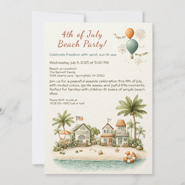 4th of July Beach Party Invitation – Soft Line Art (Devant)