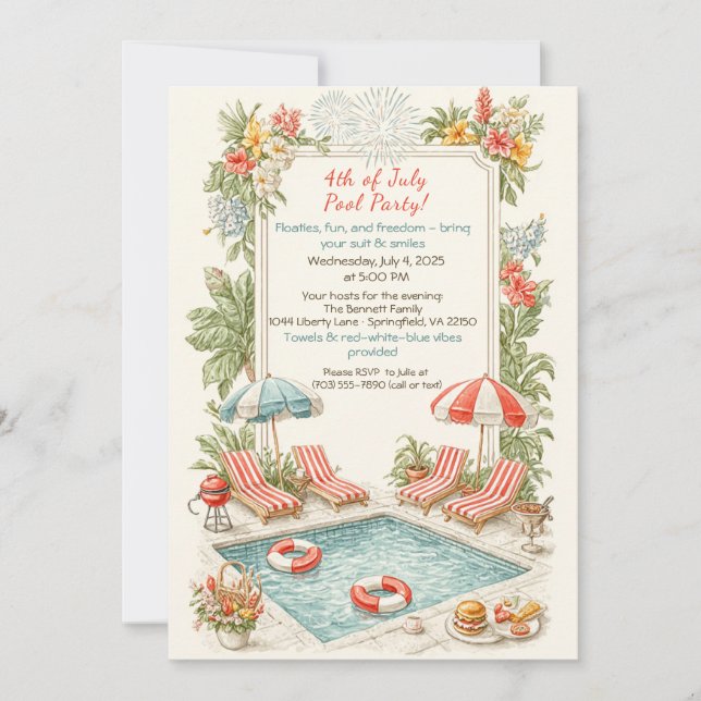 4th of July Pool Party Invitation – Elegant Line (Devant)