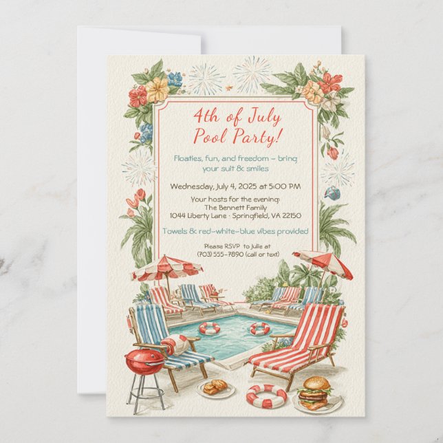 4th of July Pool Party Invitation – Elegant Line (Devant)