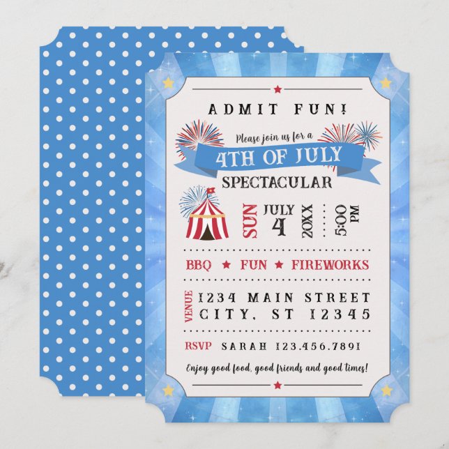 4th Of July Spectacular Ticket Invitation (Blue) (Devant / Derrière)