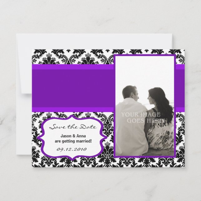 4x5 Enregistrer la carte Date - Noir Damas & Viole (Devant)
