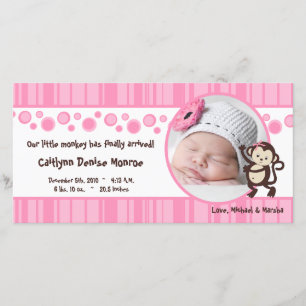 4x8 Pink Pop Monkey Girl Photo Faire-part de naiss