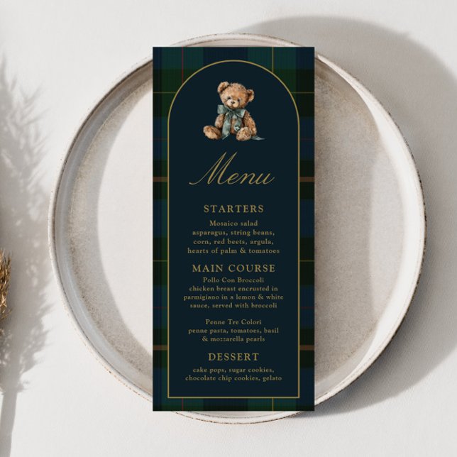 4x9" Classic Teddy Bear Plaid Baby Shower Menu (Créateur téléchargé)