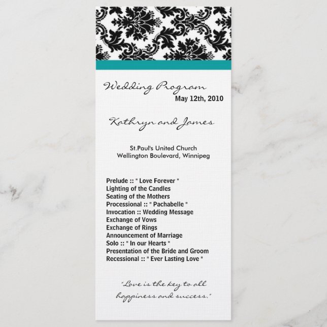 4x9 Programme de mariage - Noir Damas Turquoise Tu (Devant)