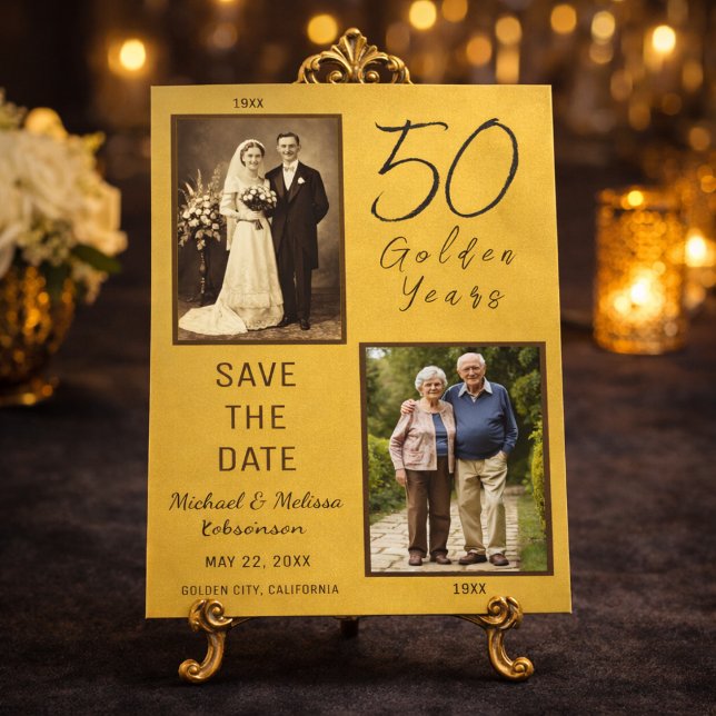 50 Années Dorées À Sauvegarder Date Or Carte Magné (Elegant gold 50th anniversary save the date displayed on luxury easel)