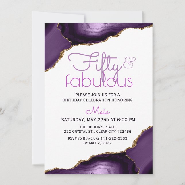 50 ans et Fabuleux Invitation Blanche Agate Violet (Devant)