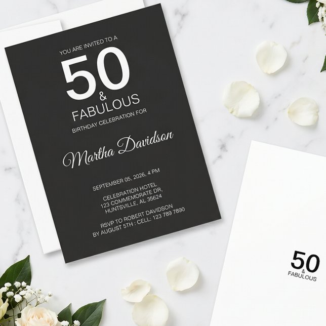 50 ans et Fabuleux Invitation Élégante Noire (50 & Fabulous Black Elegant Invite)