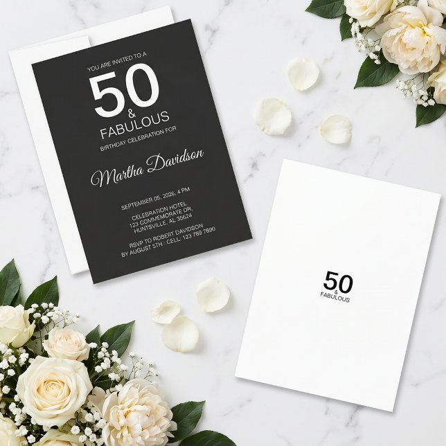 50 ans et Fabuleux Invitation Élégante Noire (50 & Fabulous Black Elegant Invite)