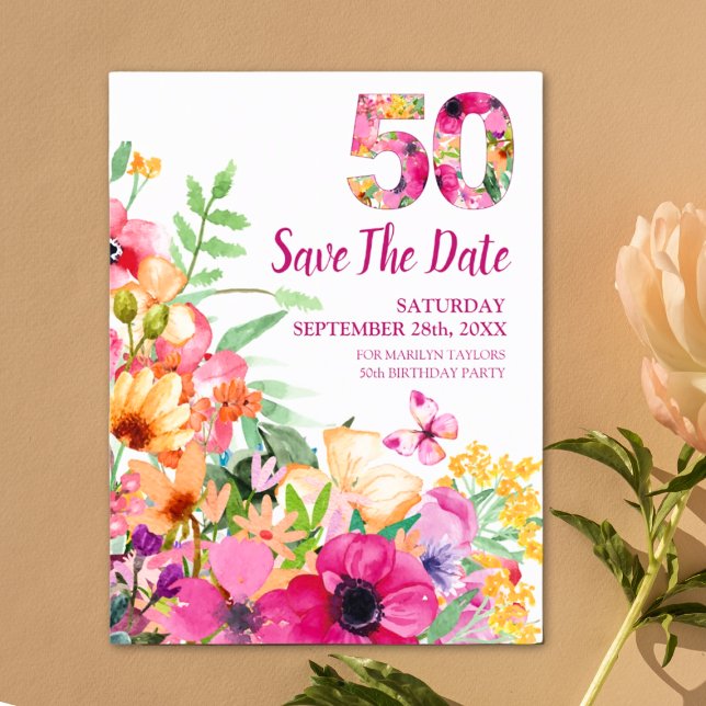 50 ans fleurs date anniversaire carte postale 50e  (Créateur téléchargé)