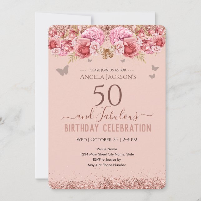 50 et fabuleux Adulte Anniversaire rose Invitation (Devant)