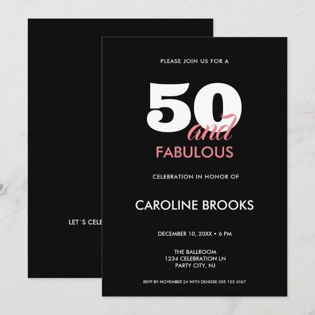 50 et Fabulous Black 50e anniversaire Invitation (Devant / Derrière)