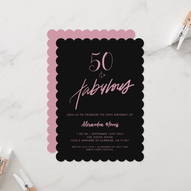 50 et Fabulous Black et rose Invitation d'annivers (Devant/Arrière en situation)