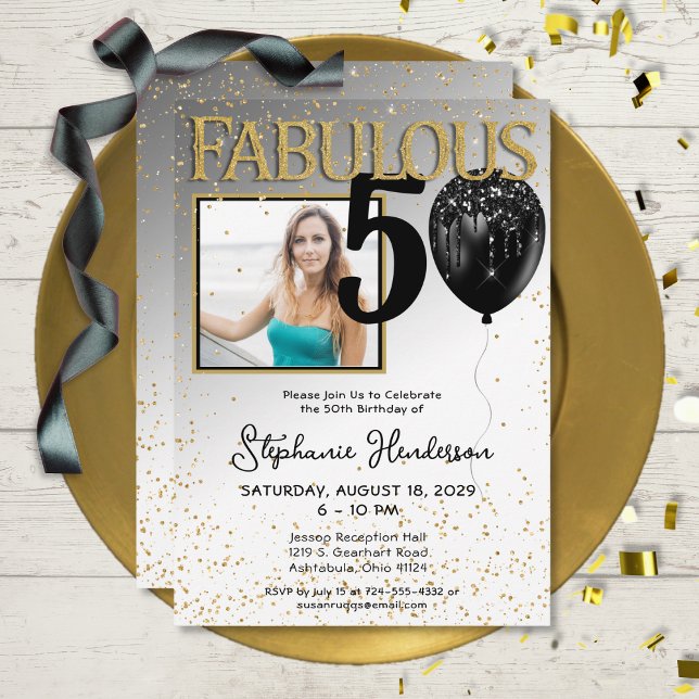 50 & Fabuleux Black Gold Glam Invitation Anniversa (Créateur téléchargé)