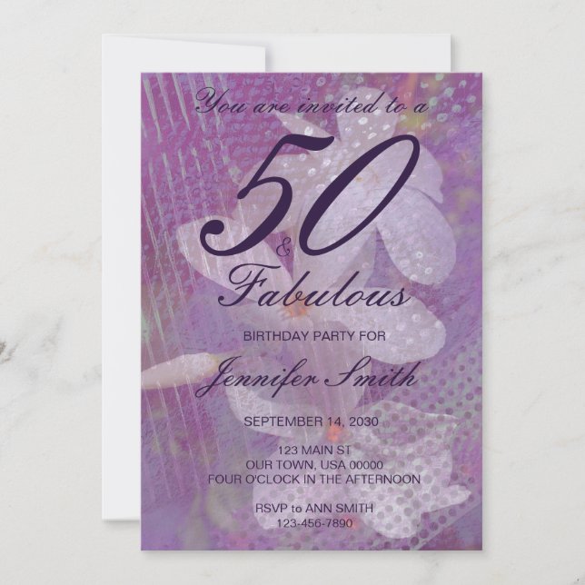 50 & Fabuleux Lavande Invitation Anniversaire (Devant)