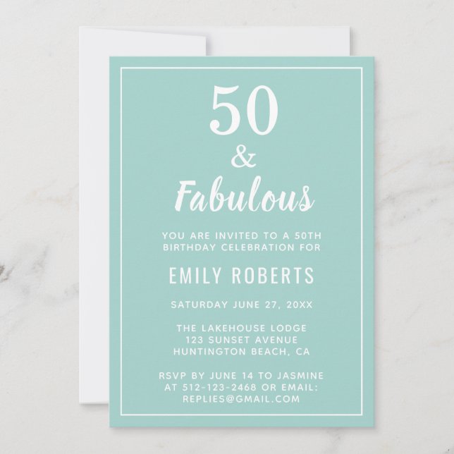 50 & Fabuleux Turquoise Blue 50e Invitation annive (Devant)