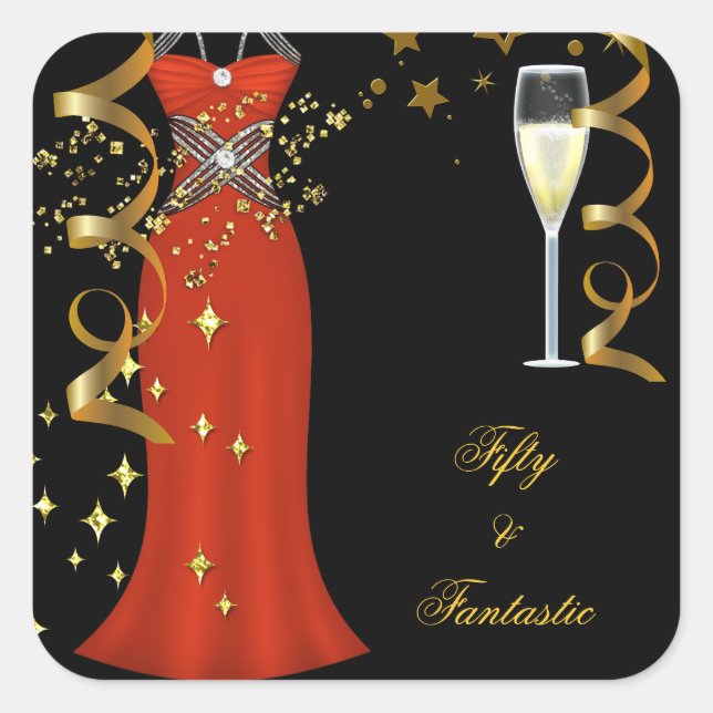 50 Fantastique Robe Rouge Noir Or Autocollant SQ (Devant)