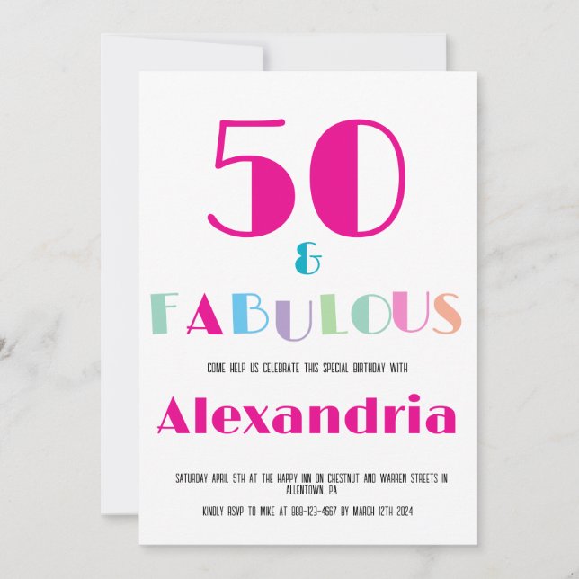 50 & Invitation de anniversaire moderne coloré fab (Devant)