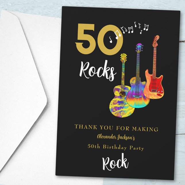 50 Rocks 50e anniversaire Merci de fête (Rock and roll 50th birthday party thank you 50 rocks funky guitar gold and black)