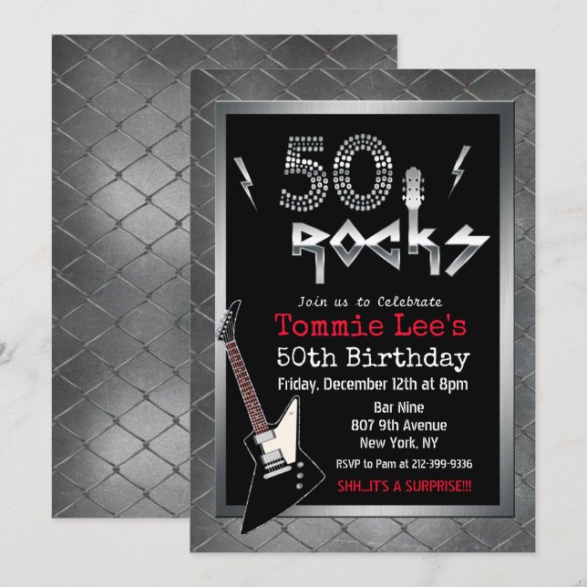 50 Rocks Rockstar Guitar Invitation 50e anniversai (Devant / Derrière)