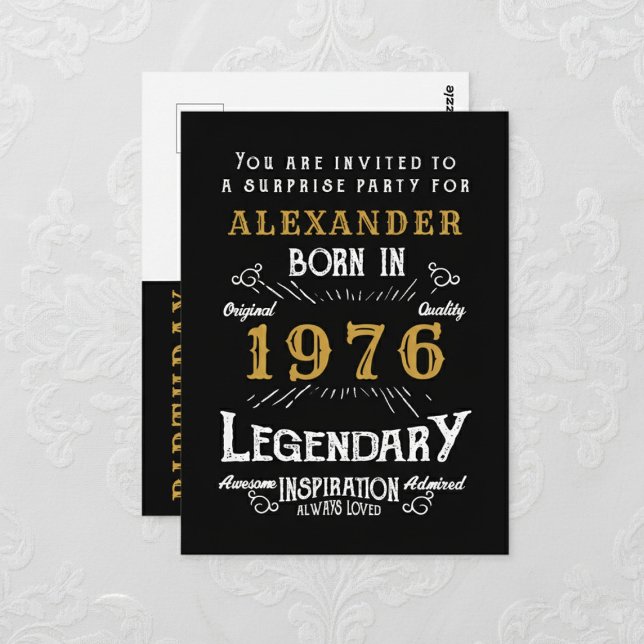 50e Anniversaire 1976 Légende Or Noir Invitation (1976 birthday invitation postcard. Background white lace.)