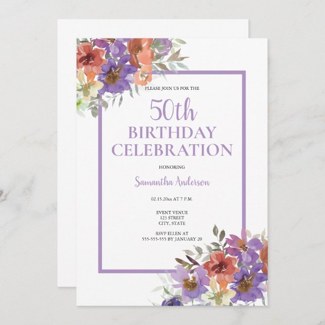 50e anniversaire Aquarelle Invitation florale (Devant / Derrière)