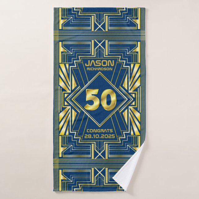 50e anniversaire Art Déco Gold Blue Gatsby (Serviette de bain)