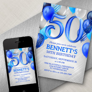 50e anniversaire Ballons Bleus Invitation