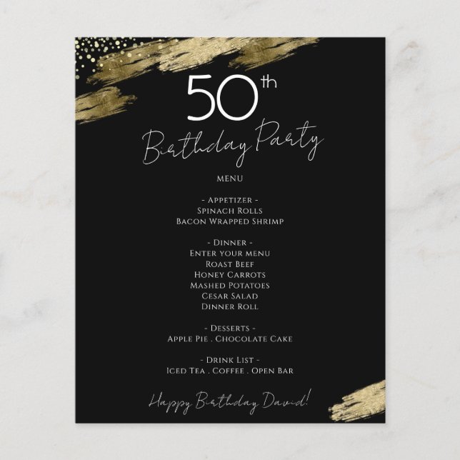 50e anniversaire Black and Gold Party Menu Flyer (Devant)