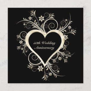 50e anniversaire Black, Gold Heart Invitation