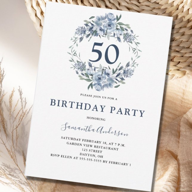 50e anniversaire Bleu Floral Invitation botanique (Créateur téléchargé)