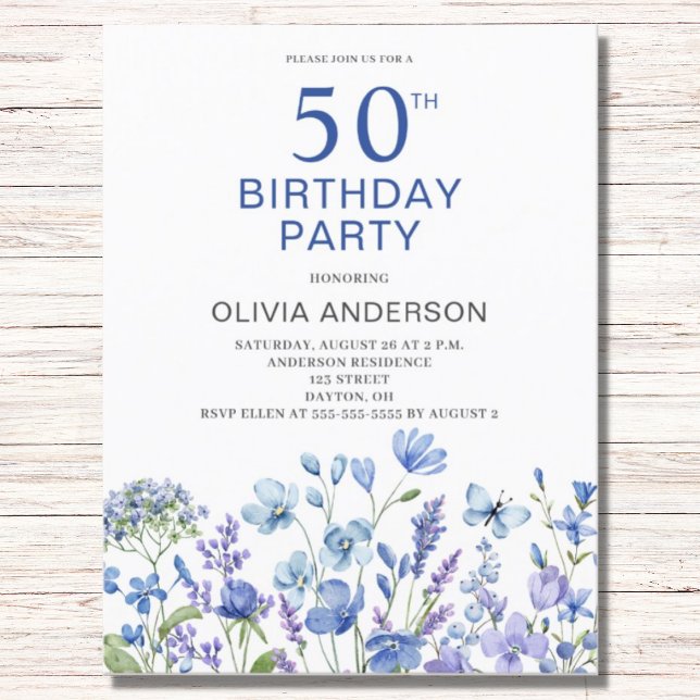 50e anniversaire Blue Floral Invitation (Créateur téléchargé)