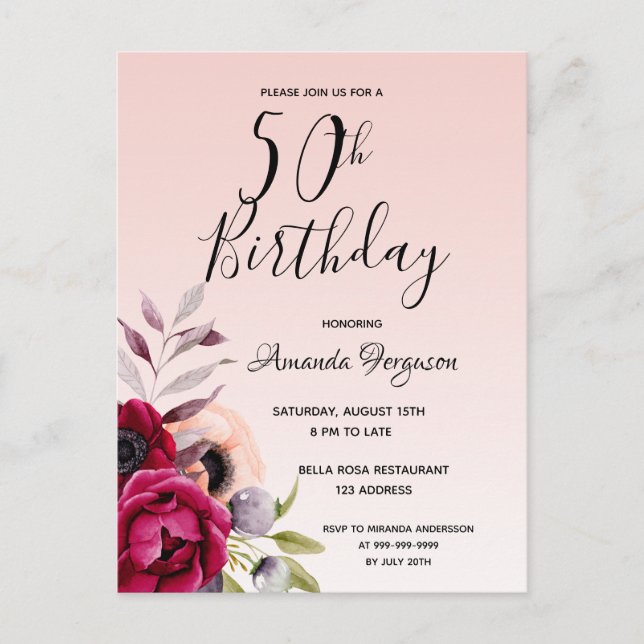 50e anniversaire bourgogne rose invitation florale (Devant)