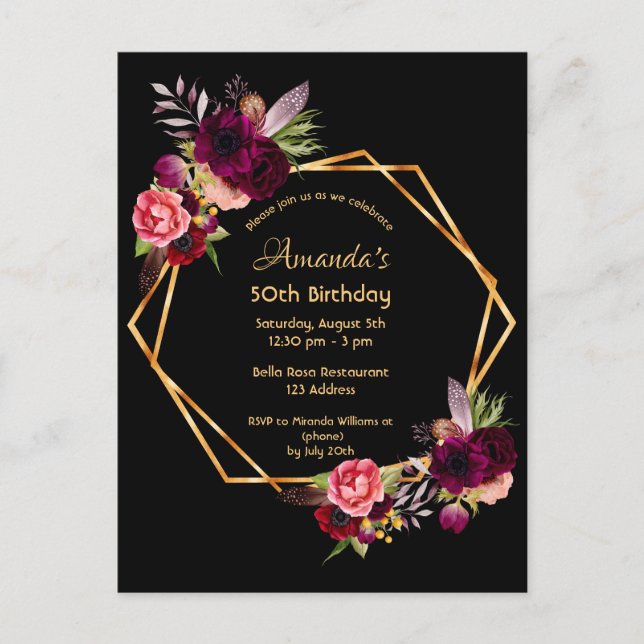 50e anniversaire burgundy floral noir invitation (Devant)