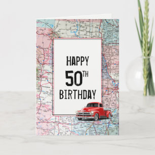 50e anniversaire Camion rouge Retro sur la carte
