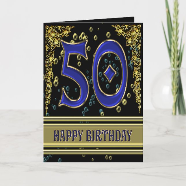 50e anniversaire carte avec or et bulles (Devant)