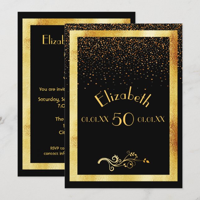 50e anniversaire carte d'invitation noir et or (Devant / Derrière)