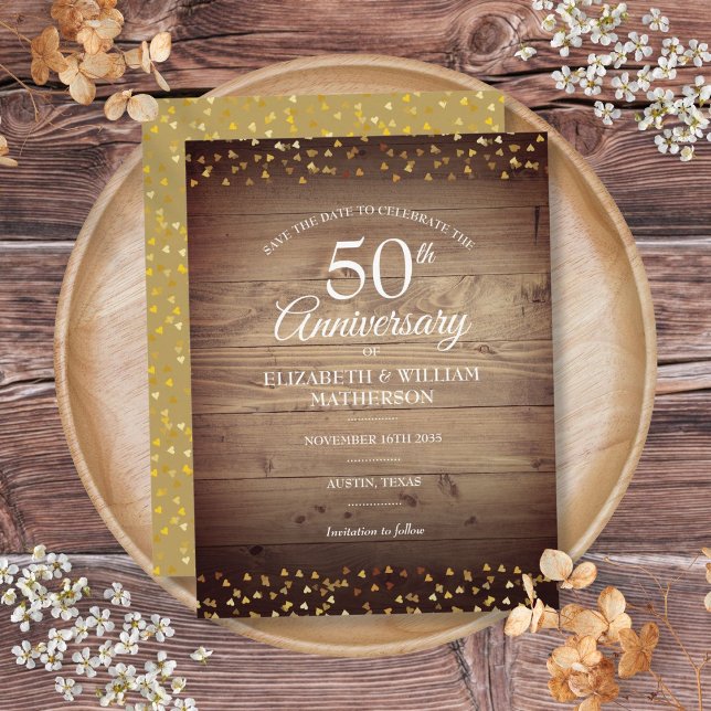 50e Anniversaire Cœurs Dorés Rustique Faire-Part d (50th Anniversary Gold Hearts Rustic Save the Date Announcement Postcard)