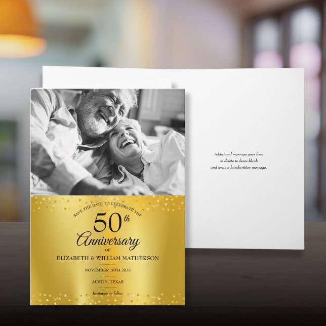 50e Anniversaire de Mariage Carte de Pré-Sauvegard (50th Anniversary Gold Foil Save the Date Photo Card)