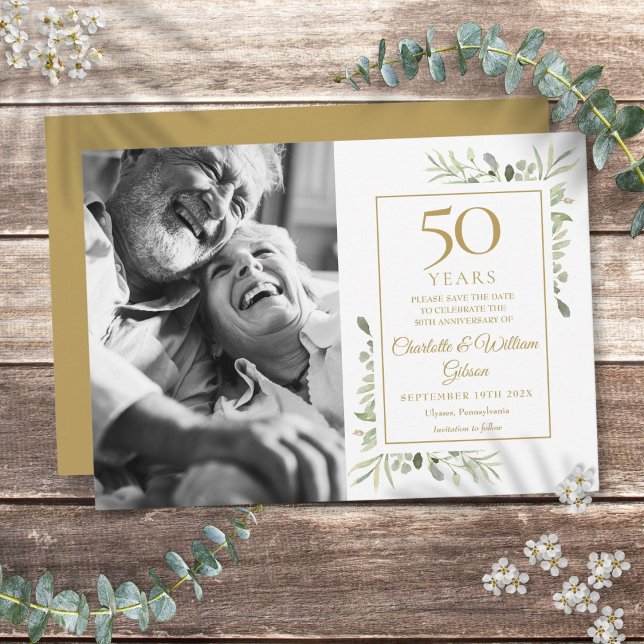 50e Anniversaire de Mariage Carton de Faire-Part d (50th Golden Wedding Anniversary Greenery Photo Save The Date)