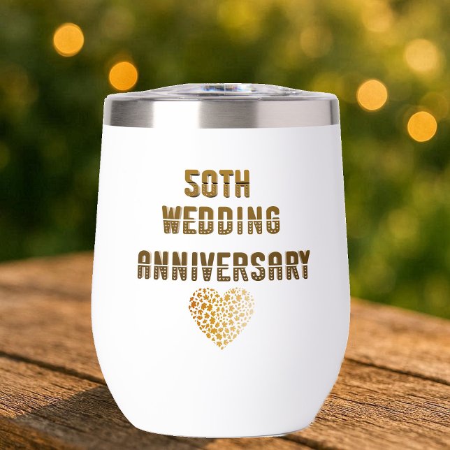 50e Anniversaire de Mariage Typographie Dorée Cœur (50th Wedding Anniversary Golden Typography Heart Thermal Wine Tumbler)